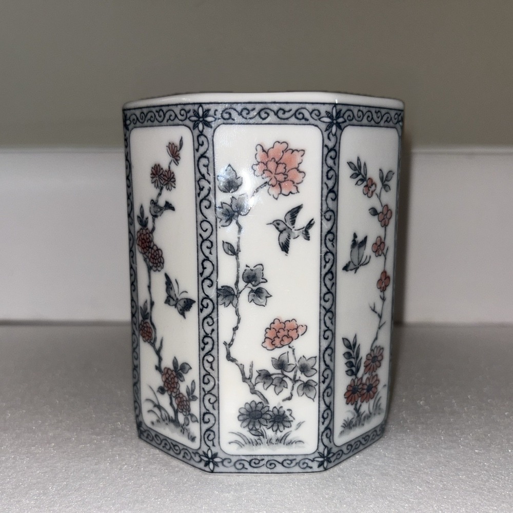 Asian Inspired Octagonal Coffee Mug Blue & White Birds & Butterfly Bamboo Handle - Picture 3 of 6
